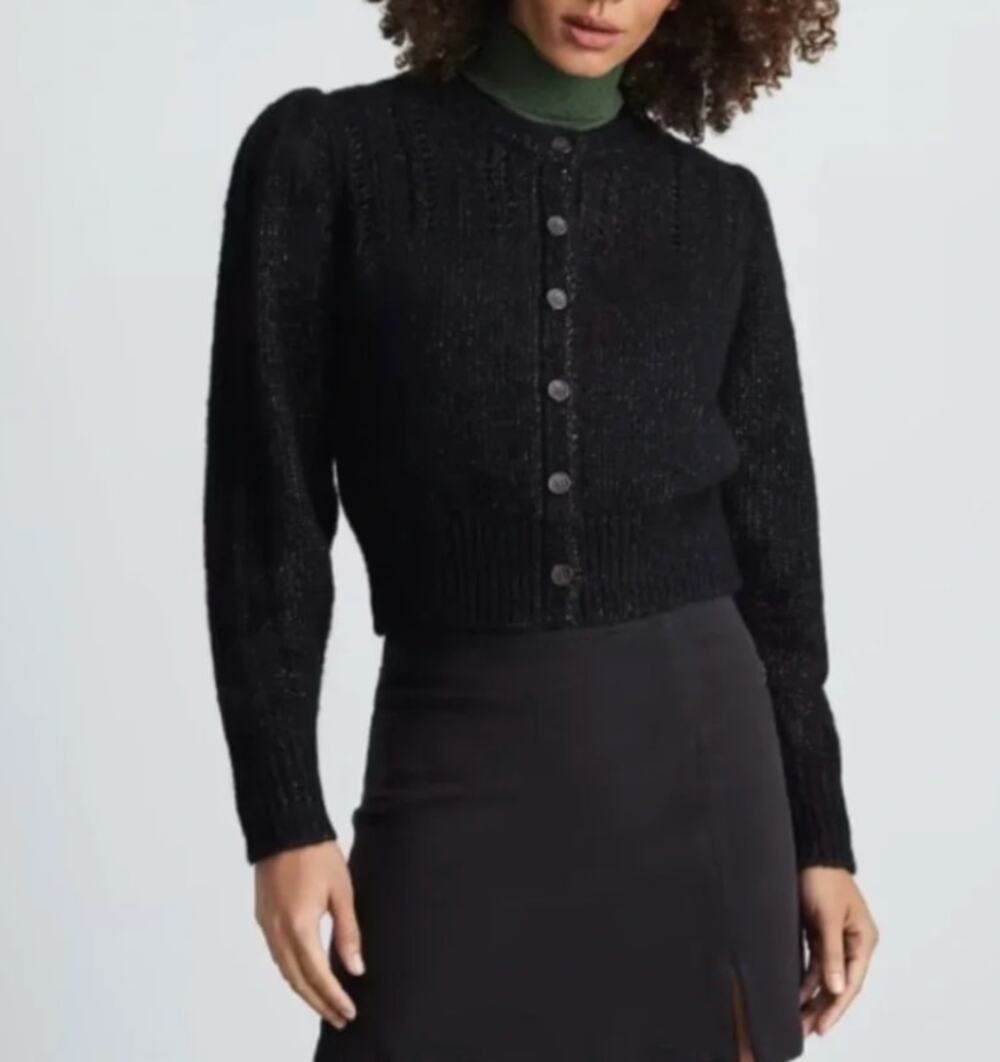 Everlane Pointelle Cloud Puff Long Sleeve Cardigan Sweater Wool Blend Black S
